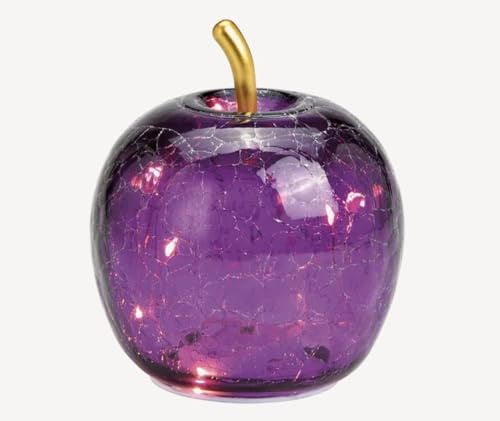 Seyila Home Dekorative Glas Apfel Leuchte mit LED Beleuchtung und Timer (unten), Crackle-Effekt Glas, Goldener Stiel, Weihnachtsdeko, Lampe (Lila, 16 cm)