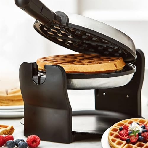 1000W Rotating Waffle Maker - Rotary Waffle Iron Machine with Non Stick Plates - Auto Temperature Control, Cooks up to 4 Waffles - Great for Belgian Waffles