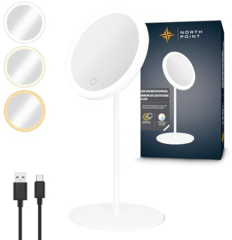 Northpoint LED Akku Kosmetikspiegel 5-Fach, 3 Lichtfarben (Warmweiß/Neutralweiß/Tageslichtweiß), stufenlos dimmbar Touch, Metallgehäuse (weiß)