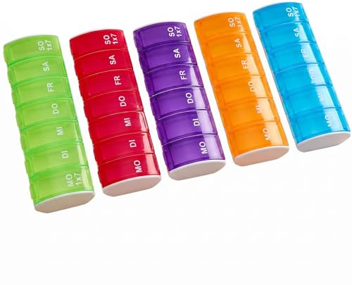 Yotlein 5 Stück Tablettenbox 7 Tage, Pillendose Klein, Kompakt und Tragbar | Kleine Pillendose mit Fächern, Tablettenbox 7 Tage Morgens Klein, für Unterwegs, Ideal zur Täglichen Aufbewahrung