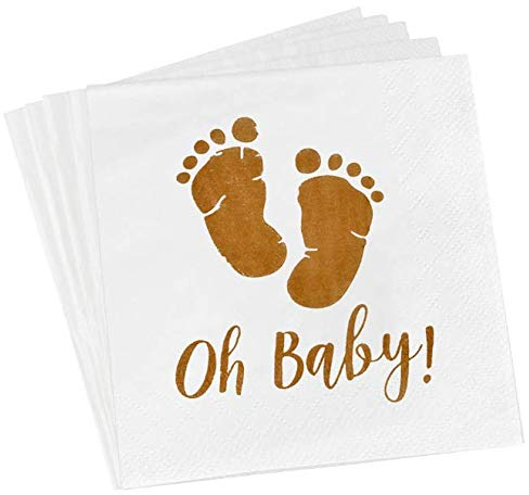 Kreatwow Papier Servietten - kleine Füße Design Letter Oh Baby Print für Baby-Dusche oder Geschlecht offenbaren 6,3 x 6,3 Zoll gefaltet (50)