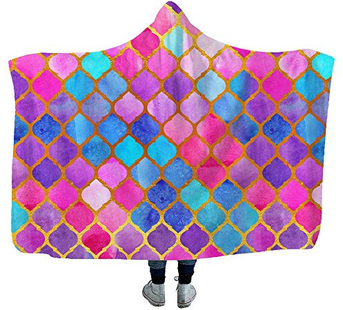 Hyun Cool Meerjungfrau Fischschuppen Plüsch Decke mit Kapuze Mikrofaser Tagesdecke Sherpa Wearable Decke Stranddecke für Erwachsene Kind (Sequin Gitter 6,130x150cm)