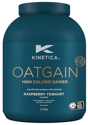 Kinetica Sports OatGain Weight Gainer - Raspberry Yoghurt Flavour | 630 Cal, 46g Protein & 82g Carbs/Serve, 15 Servings/2.4Kg | Optimum Grass Fed Protein Supplement | High Calorie & Easy Mixability