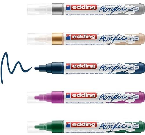 edding 5100 acrylic marker - green purple blue silber gold - acrylic paint markers 5-pack (metallic) - round nib 2-3mm - acrylic marker for pebbles, canvas and wood - acrylic marker waterproof