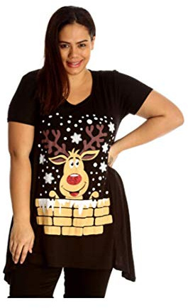 H&F ® Women’s Ladies Short Sleeve Round Neck Snowflake Reindeer Hanky Xmas Top Rudolph Reindeer Christmas Print T-Shirt Sizes 14 16 18 20 22 24 26 28 Black