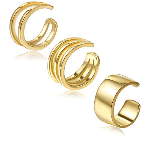 CHIC & ARTSY 3Pcs Ear Cuff Set Damen Ohrmanschette 925 Sterling Silber Ohrringe Earcuffs Gold Set Helix Knorpel Ohrmanschette Ohne Ohrloch Wickelohrring Fakepircings Ohr Cuffs Ohrklemme
