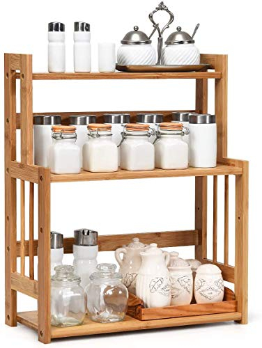 RELAX4LIFE 3-stufiges Gewürzregal, Küchenregal aus Bambus, Gewürzständer mit höhenverstellbarer Ablage, Organizer für Küche Bad Büro, Eckregal für Aufbewahrung von Gewürzen, bis 20 kg belastbar, Natur