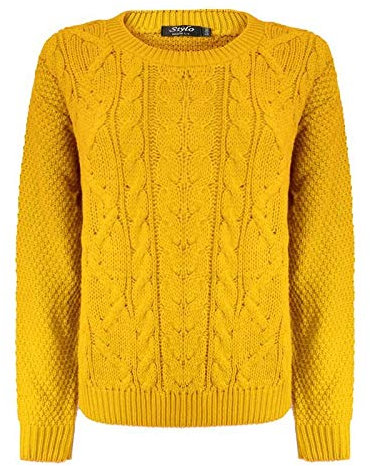 Generation Fashion New Ladies Cable Knit Crew Round Neck Long Sleeve Women Knitted Jumper Sweater [Mustard,ML]
