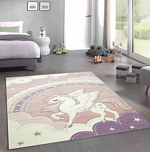 CARPETIA Teppich Kinderzimmer Himmel Wolken Regenbogen Einhorn rosa Creme Größe 120 cm Rund