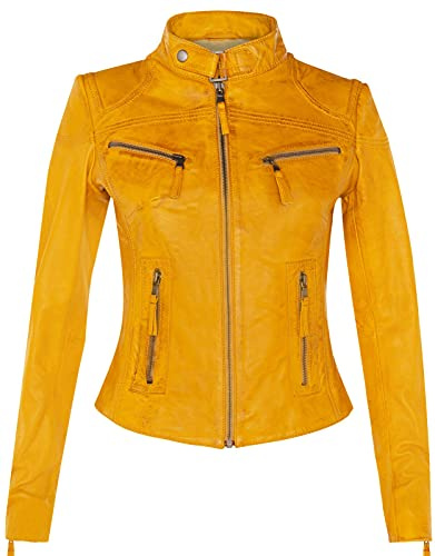 Women's Classic Yellow Real Leather Biker Moto Fashion Slim Fit Jacket XL