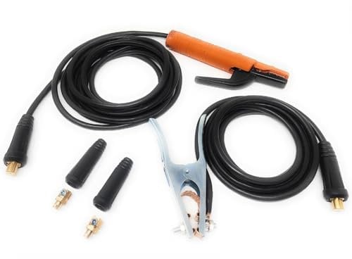 ELCAN Pinza portaelectrodos y pinza de masa de 300A profesional con 5 y 3 metros de cable de aluminio de 16mm2 con conectores 35-50 instalados y 2 conectores 10-25 extra