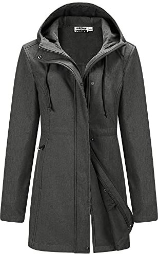 Outdoor Ventures Softshell Jacket Ladies Rain Jacket Functional Lightweight Rain Coat Windbreaker Waterproof Hiking Jacket Breathable Outdoor Jacket with Hood for Spring Fall Winter Grau L