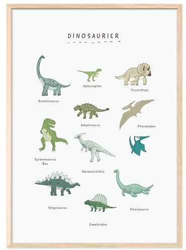 kizibi® Dino Poster mit Rahmen Natur, Dinosaurier Poster DIN A2, beliebte Dino Deko für Kinder, Kinderposter für Jungen und Mädchen, Premium Wandposter mit Beschriftung