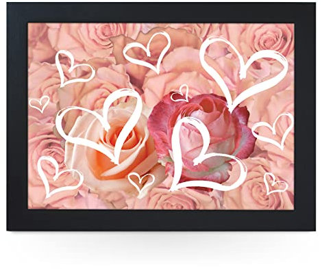 Portable Lap Desk Tray (Hearts And Pink Roses) Handmade Wooden Frame, Beanbag Cushioned Bottom | Computers, Laptops, Meals, Food | L953 (Black)