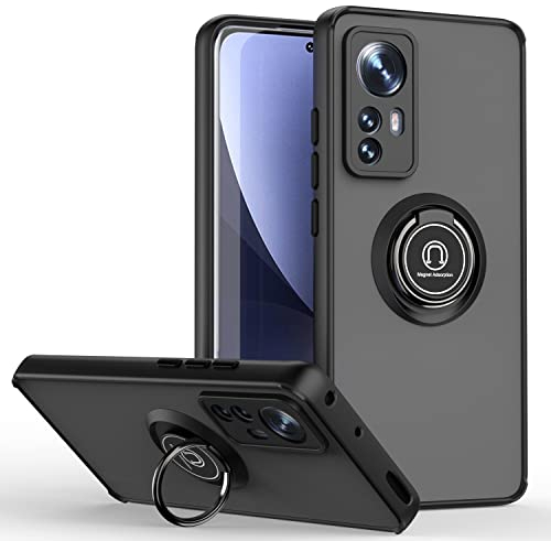 XINYEXIN Cover per Xiaomi 12 / Xiaomi 12X / Xiaomi 12S, Traslucida Custodia Antiurto Antigraffio con Supporto Anello a 360°, PC + TPU Bumper Case - Nero