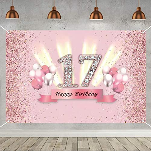 17. Geburtstag Banner 17 Geburtstag Deko Rosegold Party Dekoration Mädchen, Stoff Schild Poster 17. Jahrestag Party Geburtstagsbanner Tischschmuck Plakat, Glitzern Rosa