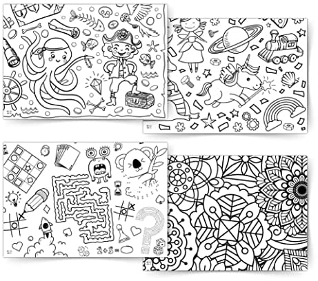 Kreativpaket 4 x Ausmal-Tischdecke aus Papier, 4 Verschiedene Motive, Ausmalen für Kinder, Kinderbeschäftigung Hochzeit, Kinderbeschäftigung Kindergeburtstag, Mal Mich Bunt