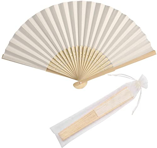 SL crafts 50pcs Paper Hand Fan with Organza Bags Bamboo Handheld Folding Fans DIY Decorative Wedding Party Favors (Cream)