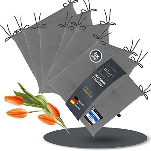 LILENO HOME 6er Set Stuhlkissen Mittelgrau (40x40x4,5 cm) - Sitzkissen für Gartenstuhl, Küche oder Esszimmerstuhl - UV-beständige Indoor u. Outdoor Stuhlauflage als Stuhl Kissen (Laura FUM)