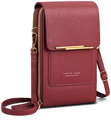 AIFILLE Umhängetasche Damen Klein, Handytasche Transparent mit Kartenschlitz Portemonnaie zum Umhängen Kleine Handy Tasche Brieftasche Crossbody Bag Schultertasche für Handy unter 6,8 Zoll, Weinrot