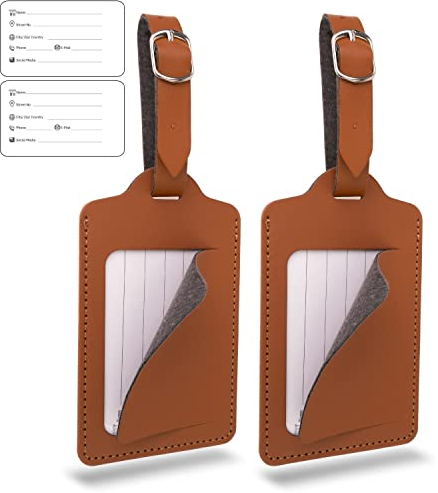 Kofferanhänger mit Adressschild, 2 Pack, Braun, elegantes Kunstleder mit Abdeckungsschutz, für Flugreise, Kreuzfahrt, Namensschild Koffer Anhänger, Luggage Bag Tag ID, Adressanhänger Reise Aufhänger