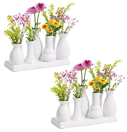 Jinfa Handgefertigte kleine Keramik Deko Blumenvasen Set aus 7 Vasen in weiß (2 Set)