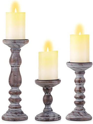 Romadedi Kerzenhalter Stumpenkerzen Holz Kerzenständer : 3er Set Braun Kerzen Ständer Landhausstil Shabby Chic Vintage Deko Wohnzimmer Tischdeko 15/21/30cm