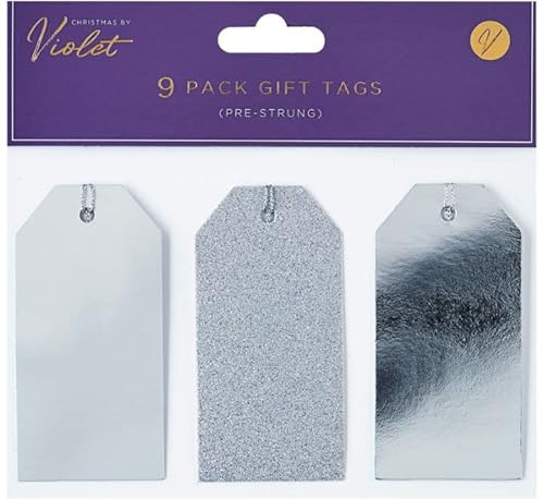 Violet Luxury Christmas Tags - Pre-Strung, Modern - Pack of 9 (Silver)