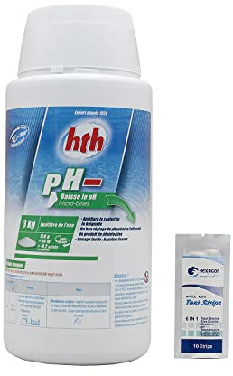 HTH pH Moins Micro-Billes - 3kg | Correcteur de pH Solide - Baisse Le pH + 10 Tests HPS OFFERTS 6 en 1
