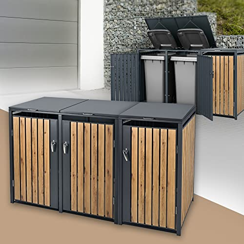 ML-Design Box pour 3 Poubelles, 240L, 200x80x116,3 cm, en Acier, Anthracite/Aspect Chêne, Résistant aux Intempéries, Habillage de Poubelle avec Couvercle Rabattable/3 Portes, Conteneur Abri Hangar