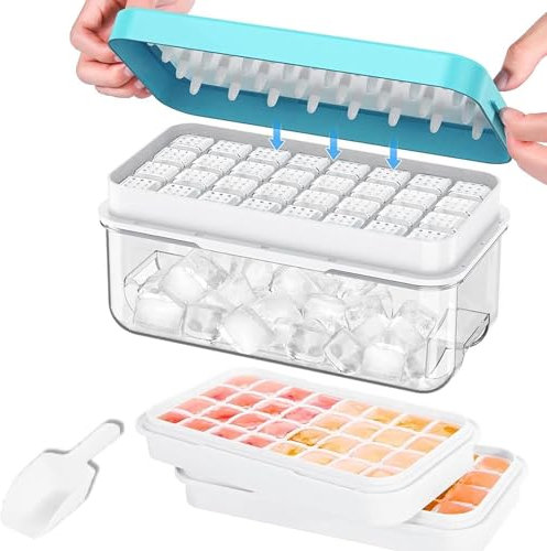 HARESLE Ice-Cube-Tray with Lid,Silicone Ice Cube Moulds Making 64 pcs Ice Cubes,Easy Press to Release Ice-2 Trays 1 Bucket & Scoop(Blue)