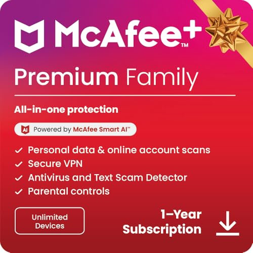 McAfee+ Premium Family Unlimited Devices Antivirus, VPN, Scam Protection & Security Software, Identity Monitoring, 1 Year Subscription with Auto-Renewal - Digital download | PC/Mac/iOS/Android