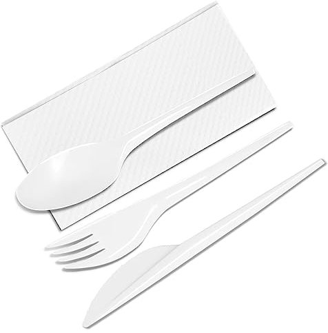 TIENDA EURASIA – Set de 3 Cubiertos de Plastico y Servilleta, Pack de 10 Bolsas, Blanco, Cuchara, Cuchillo, Tenedor 16,5cm, Servilleta 15x15cm, Reutilizables, para Llevar, para Fiestas y Celebraciones