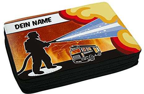 Eurofoto Schulmäppchen mit Namen und Motiv mit Feuerwehr | Federmappe personalisiert inkl. Stifte, Lineal, Radierer, Spitzer