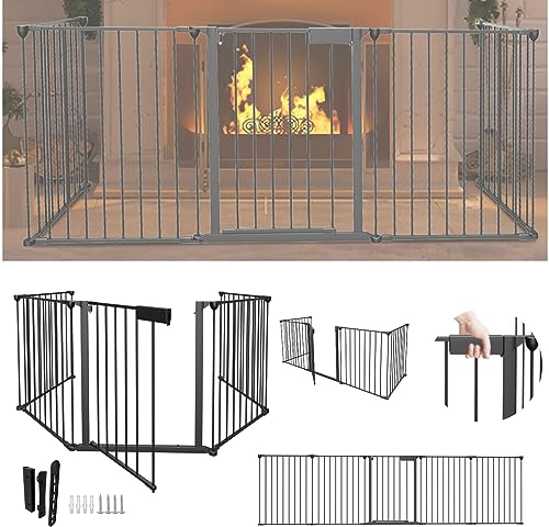Tubiaz Kaminschutzgitter mit Tür 310cm, Metall Ofenschutzgitter, Kinderschutzgitter 5-Elementen (75x60 cm), Kamingitter Türschutzgitter Tierschutzgitter für Kinder und Haustiere, Schwarz