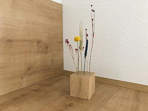 Flowerbar Cube | Massiver Holzblock mit getrockneten Blumen | Dekoelement, Unikat, Dekoration, Trockenblumen & edle Eiche (Blumenwiese)