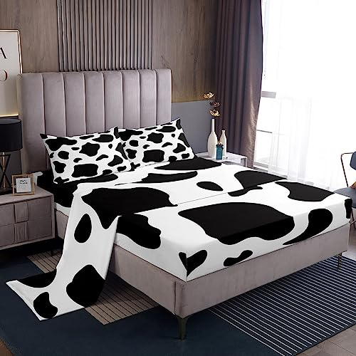 Juego de sábanas con estampado de vaca, tamaño individual, sábanas blancas y negras con bolsillo profundo, sábana bajera ajustable para niños, niñas, adolescentes, juego de sábanas de vaca lechera de