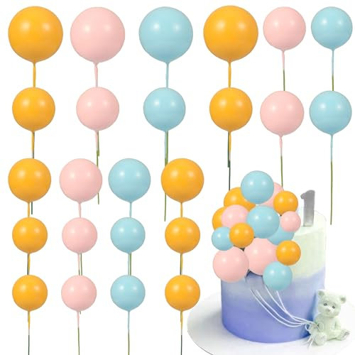Gyufise 30pcs Ball Cake Toppers - Mini Balloons, Foam Balls, Cake Picks, Cupcake Toppers in Yellow, Pink, Green for Wedding & Birthday Parties