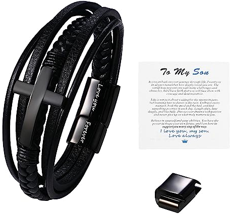 OIDEA Herren Armband Geflochten Leder Kreuz Schwarz mit Verstellbarer Riegelschnalle, Lederarmband Vintage Retro Stil mit Geschenkbox & to My Son Karte für Männer Sohn