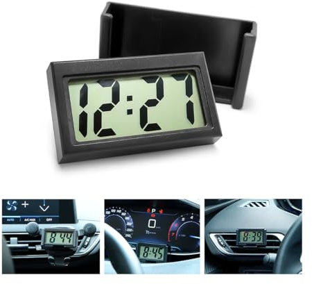 Osilly Mini horloge numérique pour tableau de bord de voiture, fonctionne à piles, écran LCD clair, petite horloge numérique avec support autocollant, montre à coller pour véhicule, camion, moto