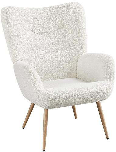 Yaheetech Fauteuil Scandinave en Tissu Bouclette Chaise d'appoint avec Haut Dossier Amovible Capiton Courbé Pieds Fuselés pour Salon Bureau Chambre Blanc
