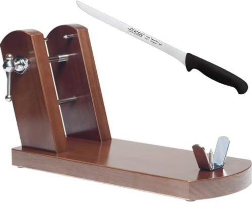 KROWN - Soporte Jamón Rioja + Cuchillo Jamonero de Arcos, Fabricado en ESPAÑA con Madera de Pino (Jamonero Nogal + Cuchillo)
