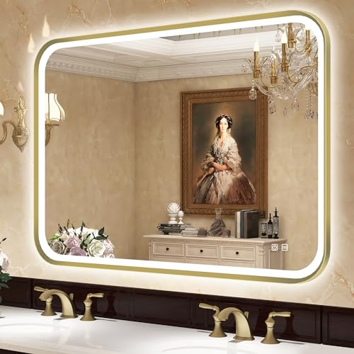 S'bagno Badspiegel mit Beleuchtung 100x70 cm, Badezimmerspiegel mit Beleuchtung mit Aluminiumrahmen, Nebelfrei, 3000-6500K, Memory-Funktion, IP44 Bad Spiegel mit Licht, Horizontal/Vertikal, Gold