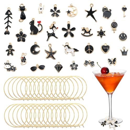 Silars Breloques Pour Verre à Vin de Coloré, 30pcs Marqueurs De Charme De Verre Marque Verre de Boissons, Identification de Verre avec Sac de Rangement pour Diverse Verre à Vin (Noir)