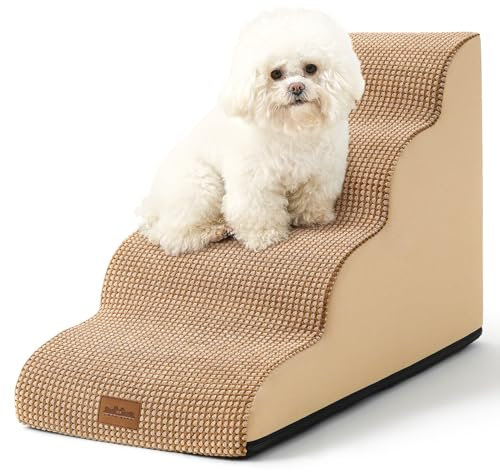 COZY KISS Escalier pour Chien 50cm, Étape pour Animaux en Éponge avec Couvercle Amovible, Échelle pour Chiot, Chat, Animaux Agés, Lit et Sofa, Léger, Durable, 40x72x50cm, 4 Marches, Marron Clair