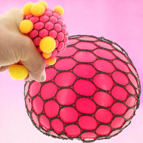 Bunter Antistressball im Netz – Quetschball Spielzeug, Sensorik, Stressabbau für Groß & Klein, Büro & Schule (Pink-Gelb)
