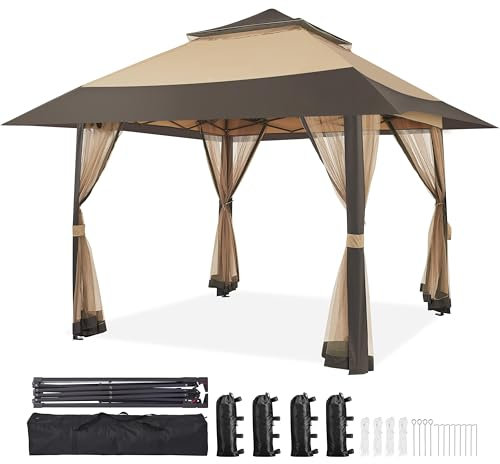 Yaheetech Pop Up Gazebo w/Sides, 4x4m Outdoor Instant Patio Canopy Shelter w/Mesh Netting, Waterproof Garden Gazebo with Sandbags for Patio, Backyard, Wedding, Party, Double Top, Khaki & Brown