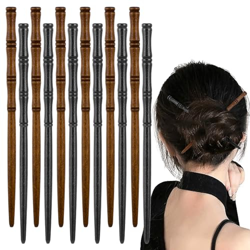 Xinjoduz Palillos de madera para el pelo, 12 horquillas para moños, palillos de pelo con forma de bambú para mujeres, estilo chino japonés, soportes Hanfu para cabello largo, palillos de pelo retro, 2