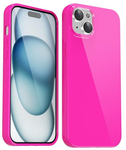 Svanove for iPhone 15 Plus Case Silicone, Glossy Soft Rubber Gel Jelly Cute Protective Plastic Simple Plain Phone Case Cover for Women Girl, Slim Thin Flexible Shockproof TPU, Neon Hot Pink