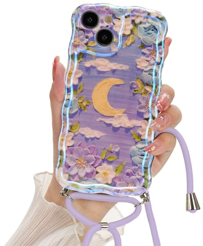 Micoden Coque pour iPhone 13 en Silicone TPU avec Collier Réglable avec Cadre Ondulé Bouclé/Fleur colorée Florale Mignon Case Antichoc avec Cordon Tour de Cou Lanière en Corde pour iPhone 13,Lune